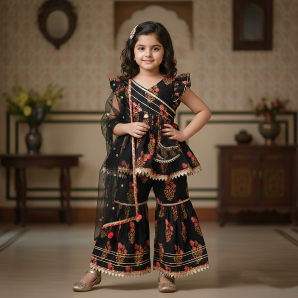 Vibrant Blossom Ensemble: Multicolor Floral Top with Sharara and Gota Lace Dupatta 1902