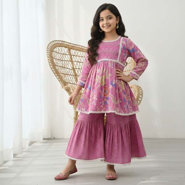 Vibrant Blossom Ensemble: Multicolor Floral Top with Sharara and Gota Lace Dupatta 1903