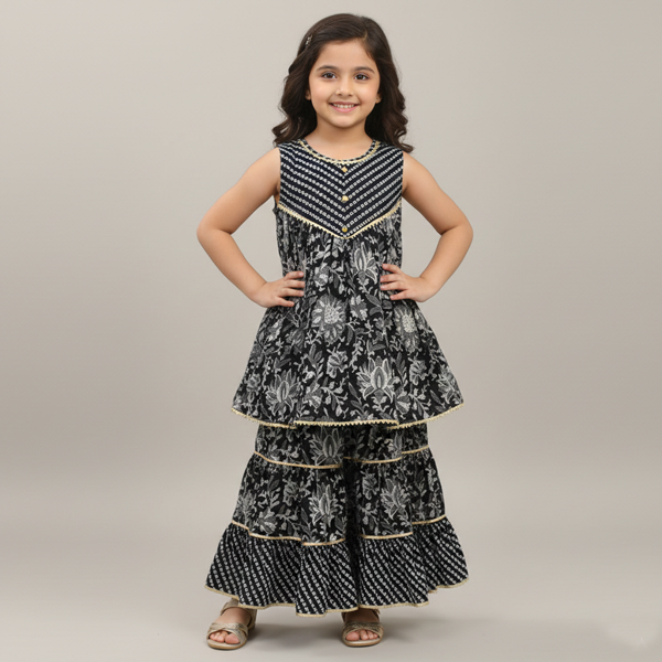 Vibrant Blossom Ensemble: Multicolor Floral Top with Sharara and Gota Lace Dupatta 1905