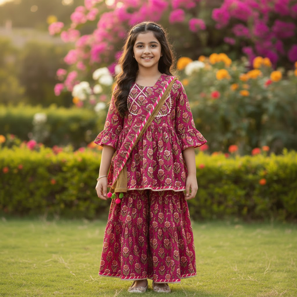 Vibrant Blossom Ensemble: Multicolor Floral Top with Sharara and Gota Lace Dupatta 1906