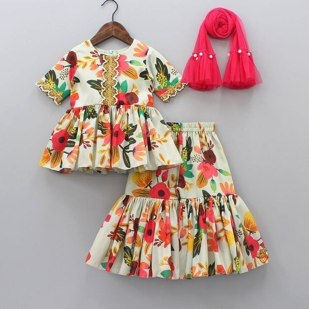 Vibrant Blossom Ensemble: Multicolor Floral Top with Sharara and Gota Lace Dupatta 1908