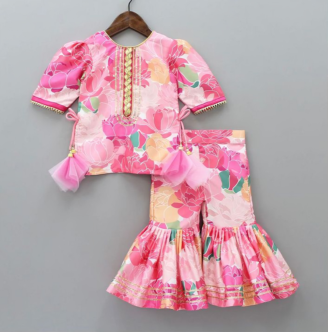 Vibrant Blossom Ensemble: Multicolor Floral Top with Sharara and Gota Lace Dupatta 1909