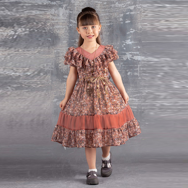 Vintage Charm – Floral Ruffle Dress for Girls in Earthy Tones 1775