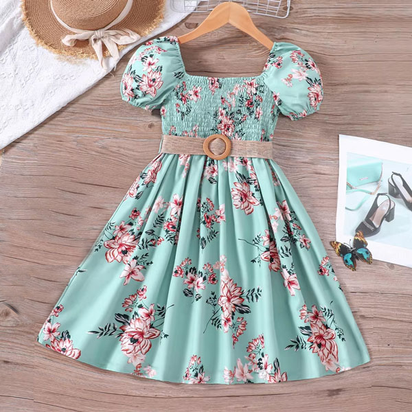Flower Gown Elegant Floral Fit & Flare Summer Dress for Girls with Belt 1739