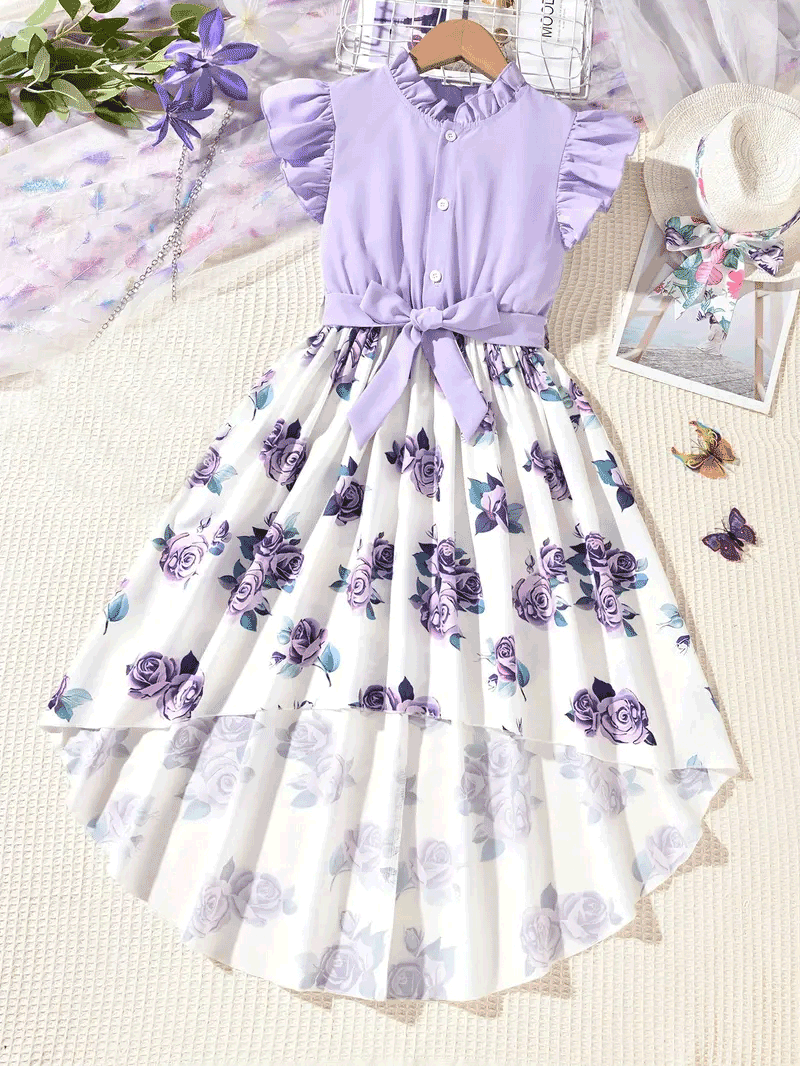 Fashionable Girls Floral Splicing Dress with Ruffled Detail & Adjustable Belt 1731