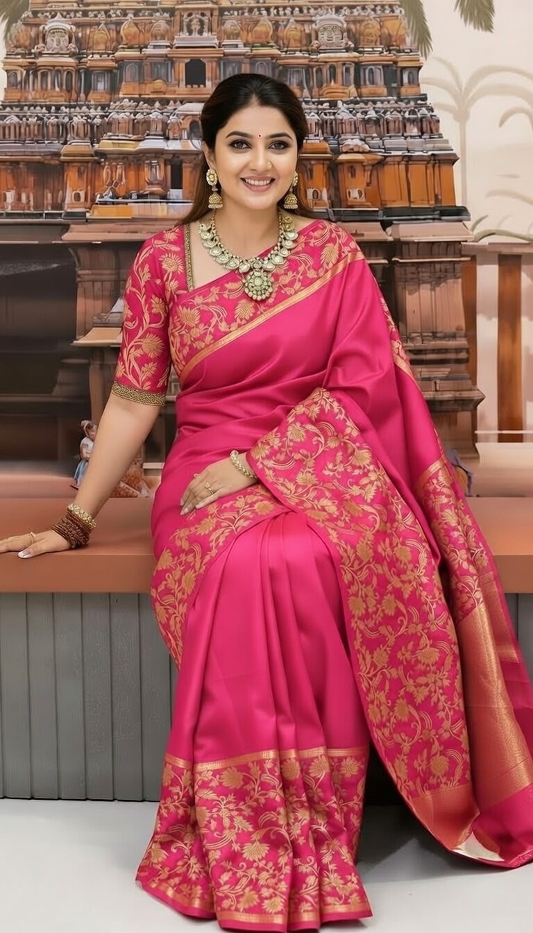 Premium Pure Katan Silk Banarasi Saree deep pink with golden zari design and border 7025