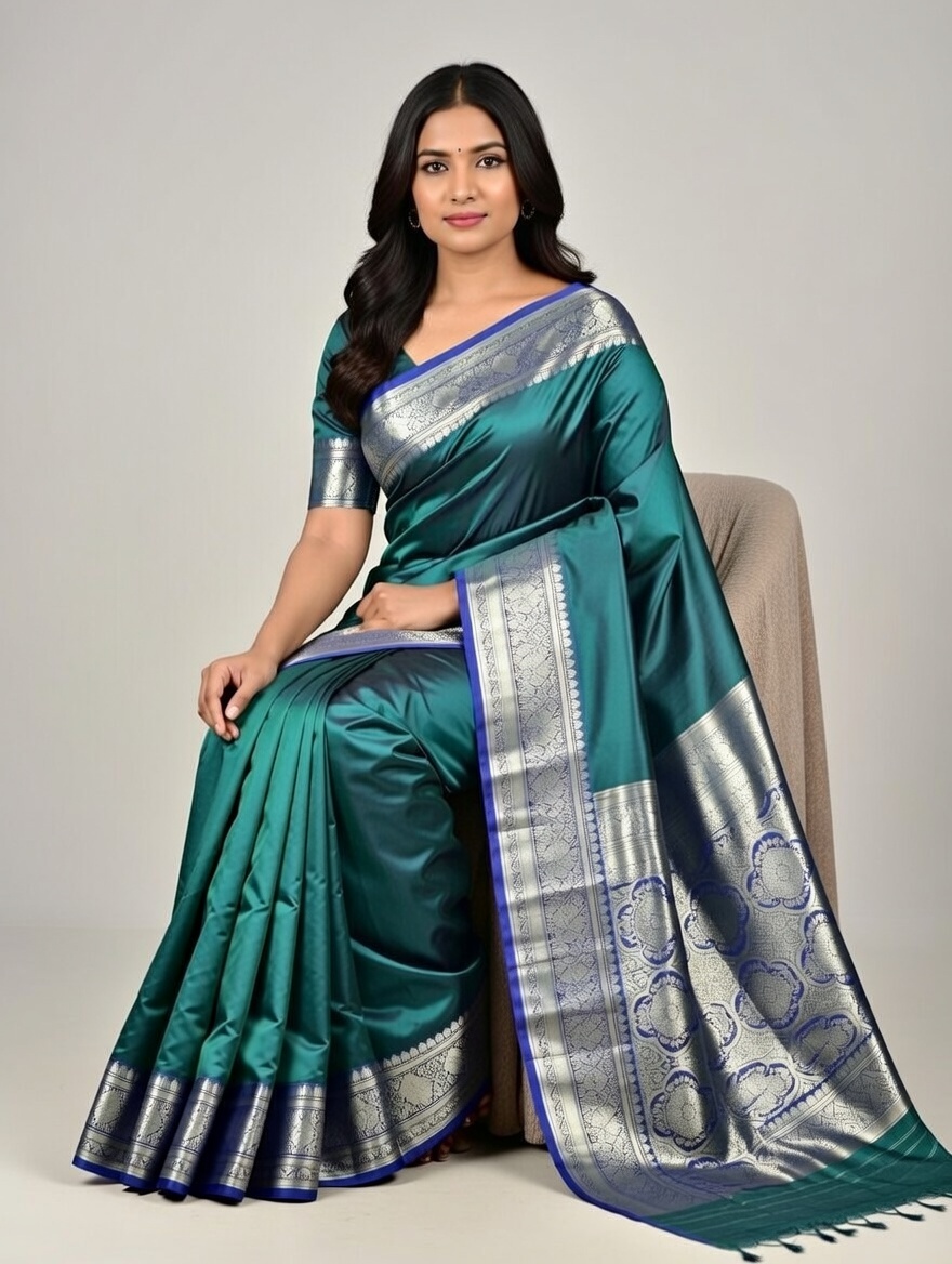 Teal Green Satin Silk Saree with Intricate Silver Zari Border & Floral Motifs | Premium Handwoven Elegance 7041